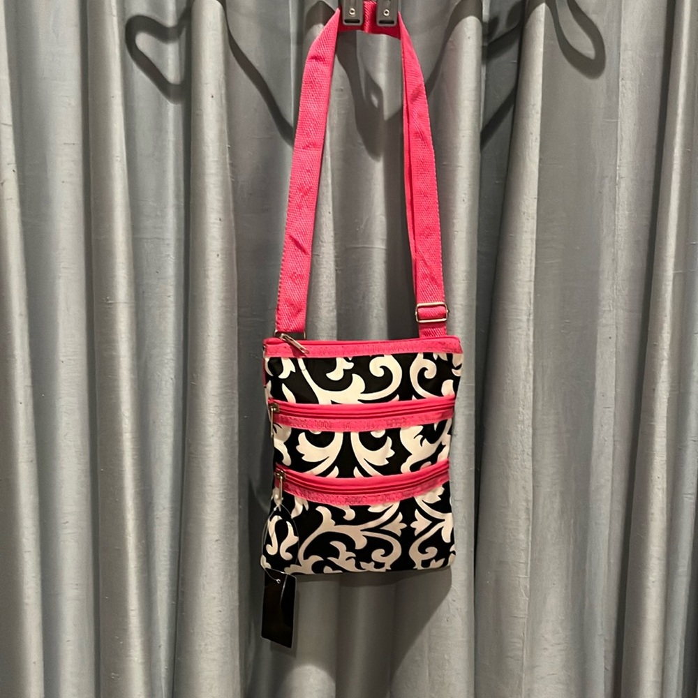 Black, White,  Pink Crossbody Passport Bag, 3 zipper pockets, Adjustable Strap
